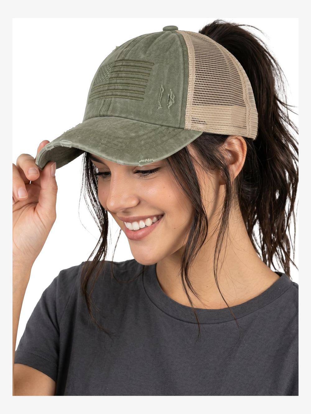 Criss Cross Ponytail Cap, Messy Bun Distressed | American Flag, Olive | Size OS